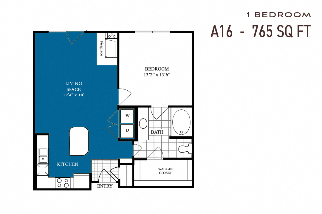 Floor plan for 1 bed, 1 bath, 765 sqft